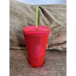 Starbucks Tumbler Pleated Neon Magenta Pink Grande 16 oz Cold Cup Lid And Straw